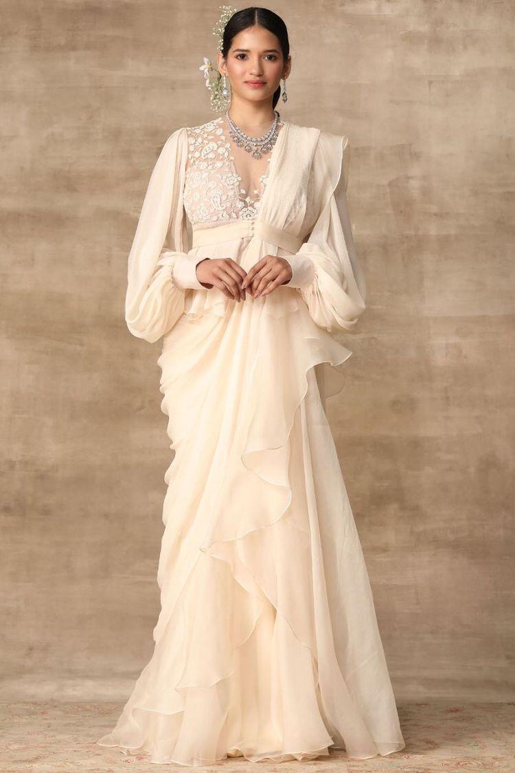 Buy Off White Ready Pleated Ruffle Saree With Floral Embroidered Blouse  Online - Kalki Fashion